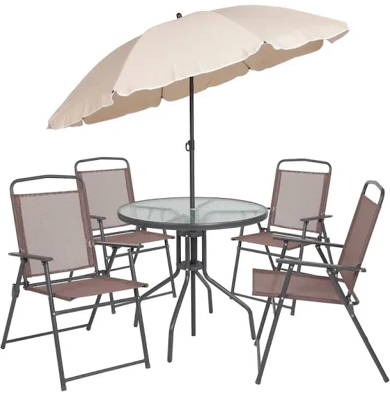 Nantucket 6 Piece Patio Garden Set with Table, Umbrella and 4 Folding Chairs