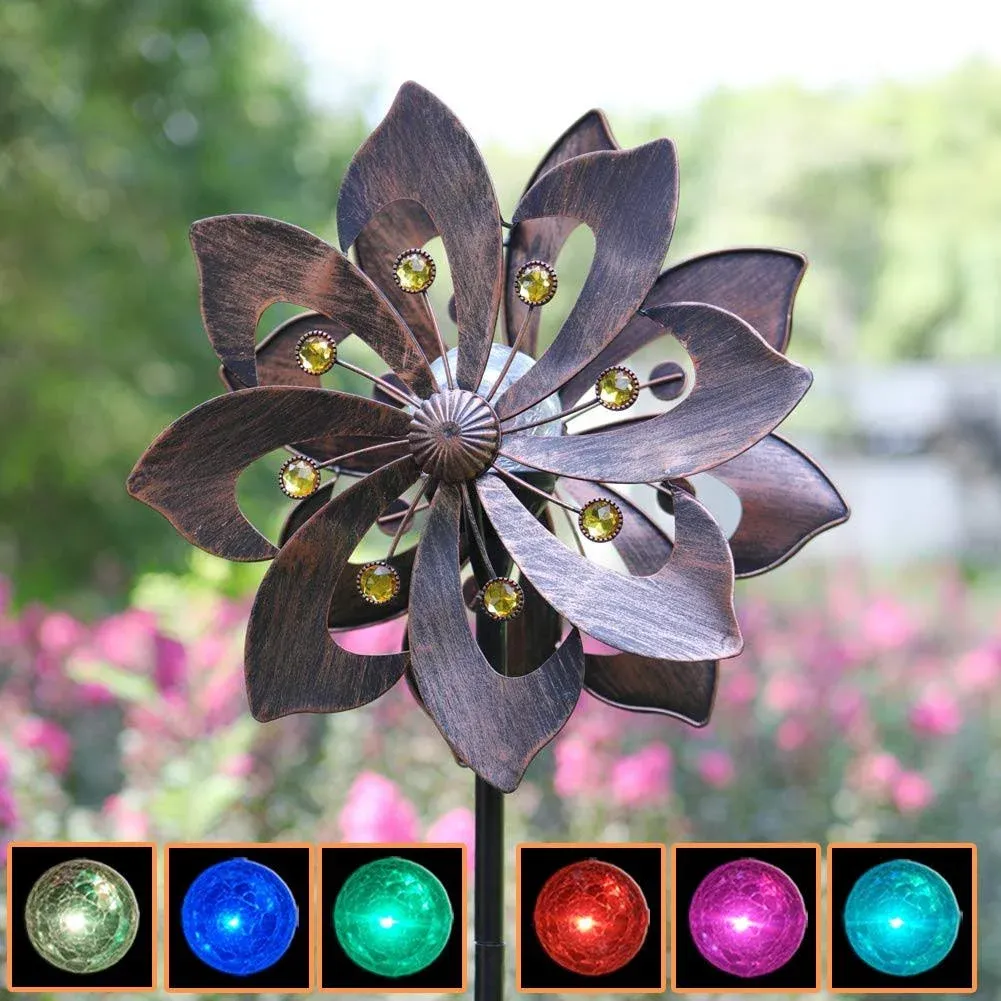 TOMBABY Solar Copper Wind Spinner with Glass Ball Color Changing LED Lighting with Kinetic Wind Mill Dual Direction for Patio Lawn Garden Holiday Dec