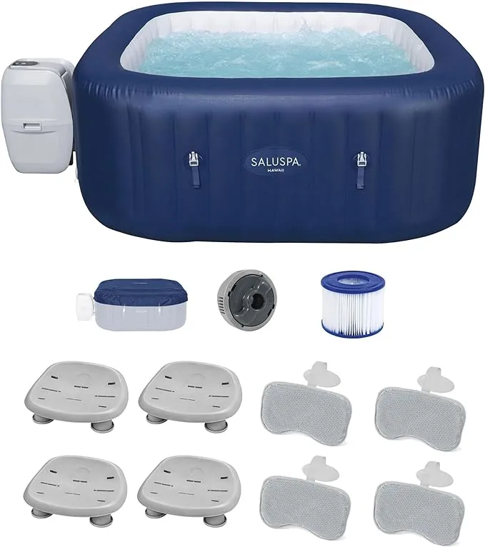 Bestway SaluSpa Hawaii AirJet Inflatable Hot Tub with EnergySense Cover, Blue + Bestway Spa Seat (4 Pack) + Bestway Pillows (2 Pack)