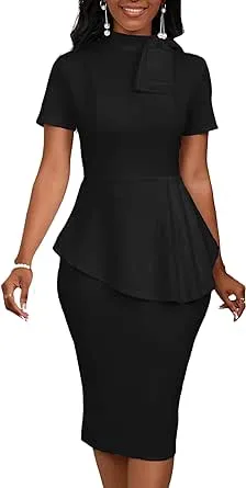 LAGSHIAN Womens Peplum Bodycon Short Sleeve Bow Ruffle Dress Black Medium