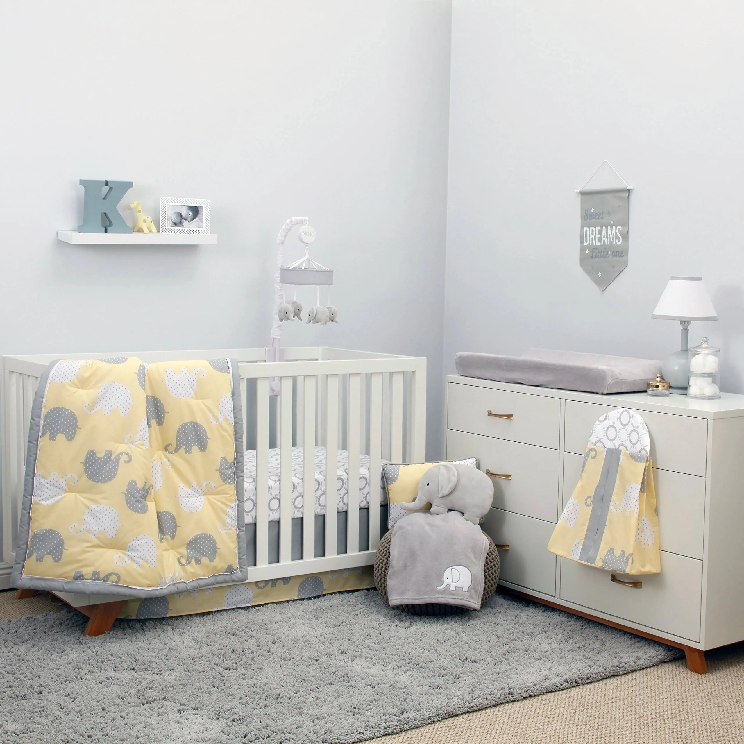 NoJo Dreamer Elephant Blue, Grey 8 Piece Nursery Crib Bedding Set