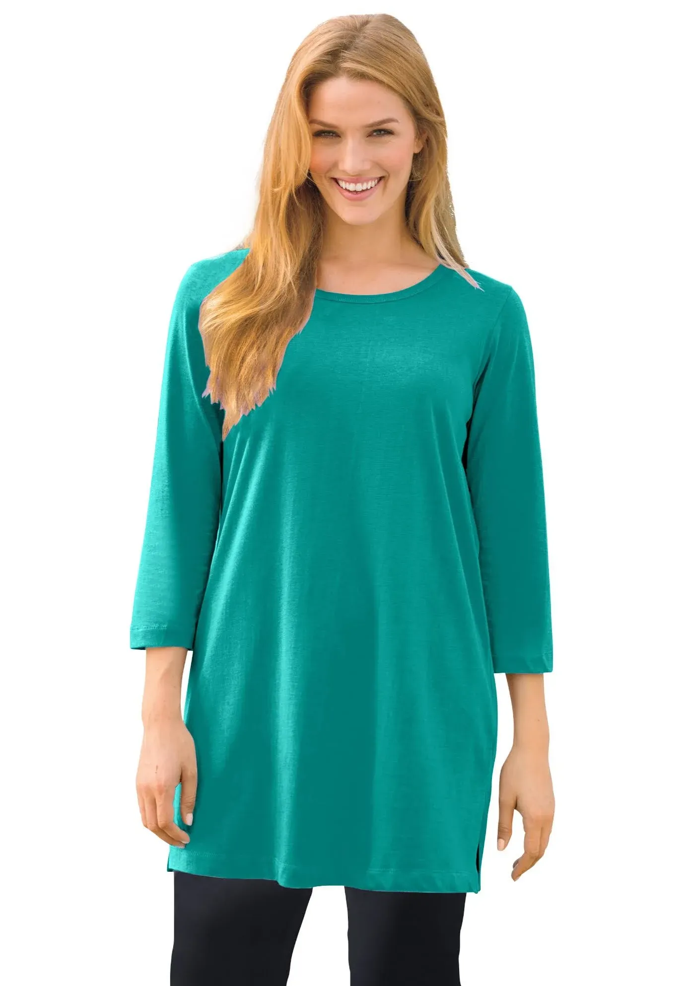 Woman Within Women's Plus Size Perfect Three-Quarter-Sleeve Scoopneck Tunic - M ...