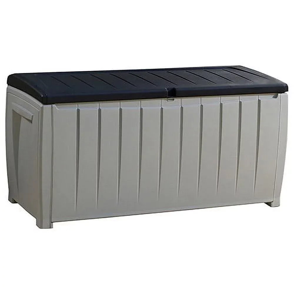 Keter Novel 90 Gallon Durable Weatherproof Resin Deck Box Organization and Storage for Outdoor Patio and Lawn, Black and Gray