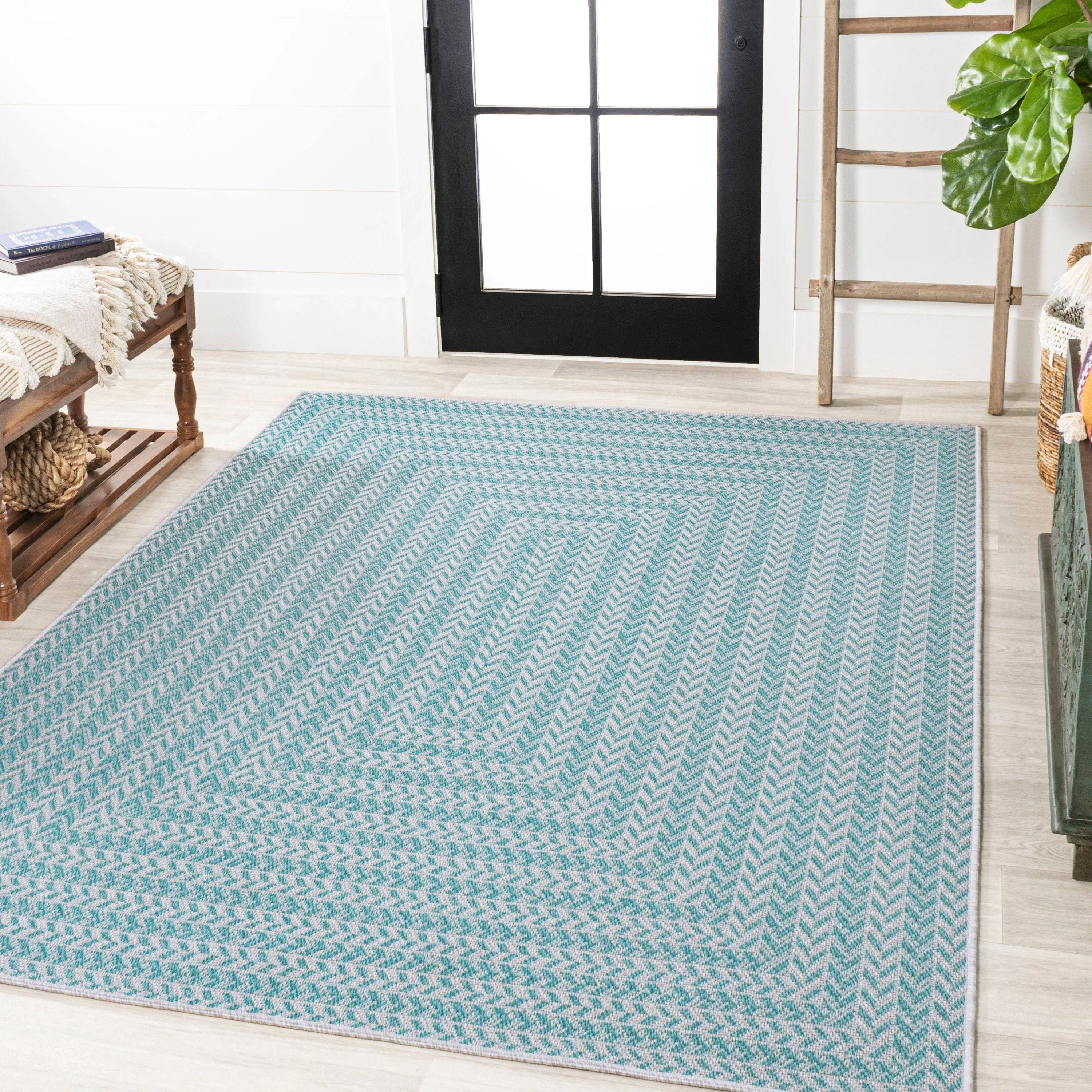 Jonathan Y Chevron Modern Concentric Squares Indoor/Outdoor Area Rug Aqua,Light Gray / 2' x 8'