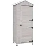 Outsunny 36" x 25" x 79" Wooden Storage Shed Cabinet, Outdoor Tool Shed Organizer with 4-Tier, 3 Shelves with Handle Tin Roof Magnetic Latch Foot Pad, Light Grey