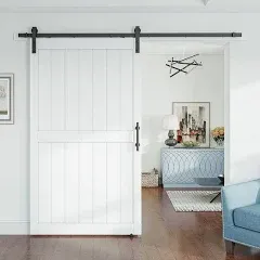 SmartStandard 48 x 84 inch White Slidng MDF Barn Door with 8FT Black Sliding Door Hardware Kit & Handle, Pre-Drilled Ready to Assemble, Waterproof PVC Coating, H-Frame