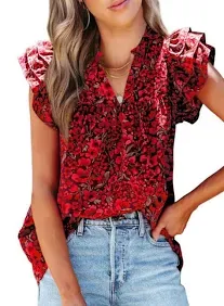 Shewin Women's Casual Boho Floral V Neck Ruffle Short Sleeve Loose Blouses Tops