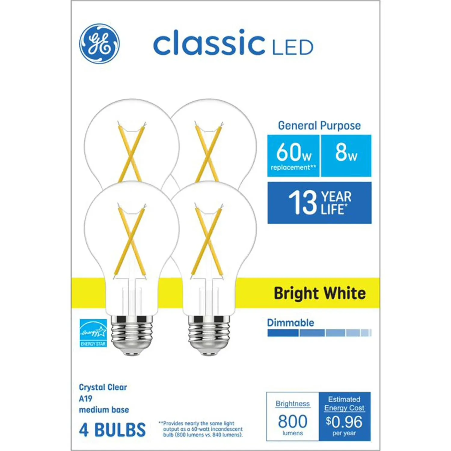 GE Classic LED 60 Watt Replacement, Bright White, A19 General Purpose Bulbs (4 Pack)