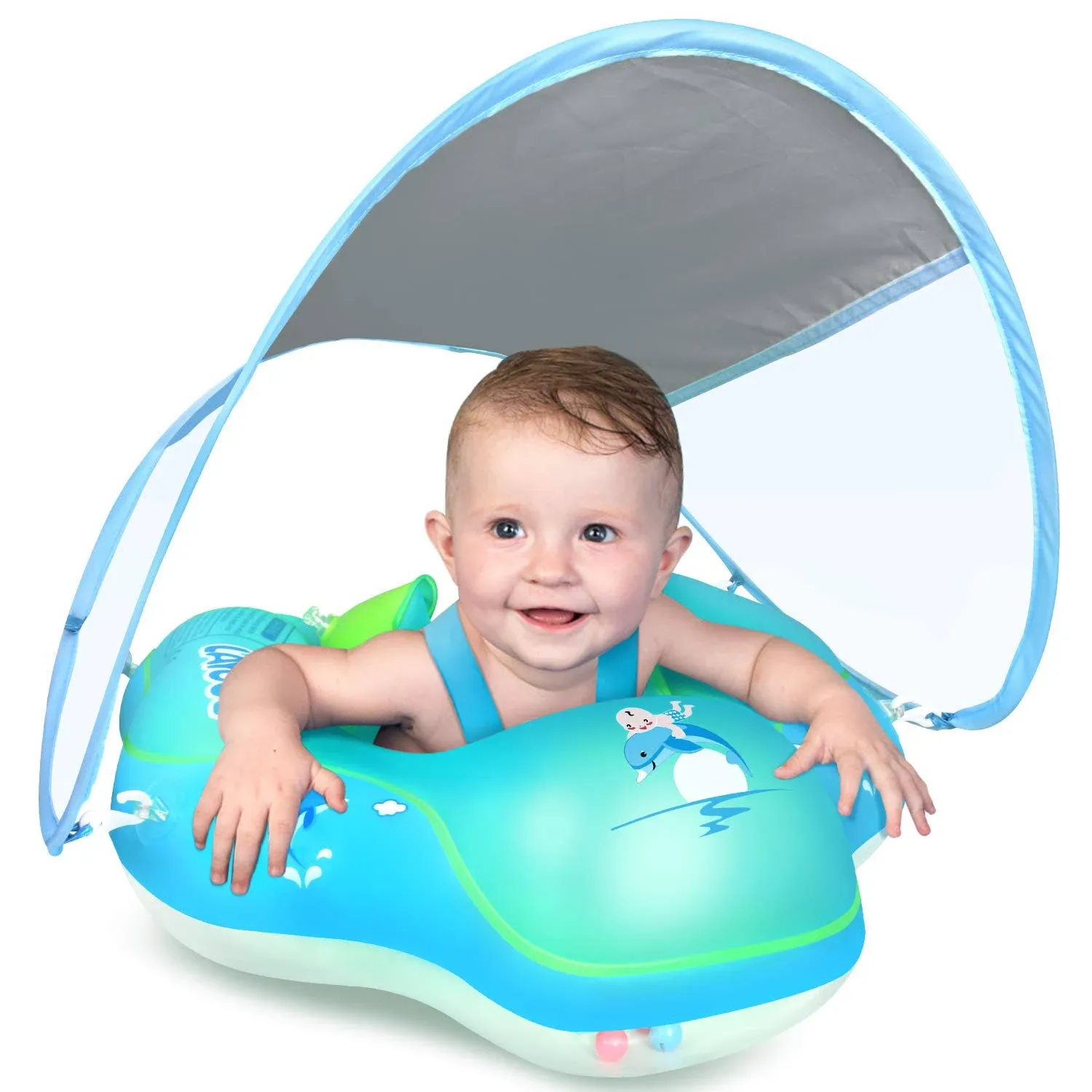 Laycol Baby Swimming Float Inflatable Baby Pool Float Ring Newest with Sun Protection Canopy,add Tail no flip Over for Age of 3-36 Months Blue Small