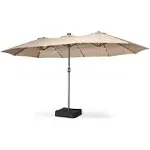 Home Zone Living 15x9 ft Double Head Patio Umbrella with Base, 36 LED Lights, Sand Bags, UV Resistant & Waterproof, 213 lbs Total Weight, Beige Tan