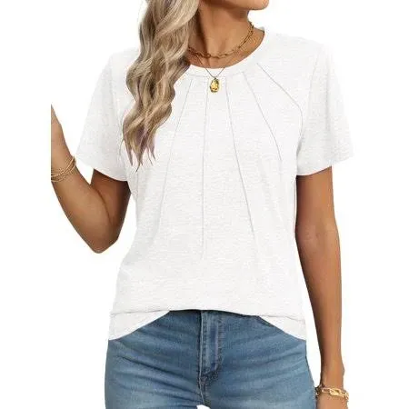 Women&#039;s Spring Summer Round Neck Pleated Short Sleeves Solid Color T-shirt Tops