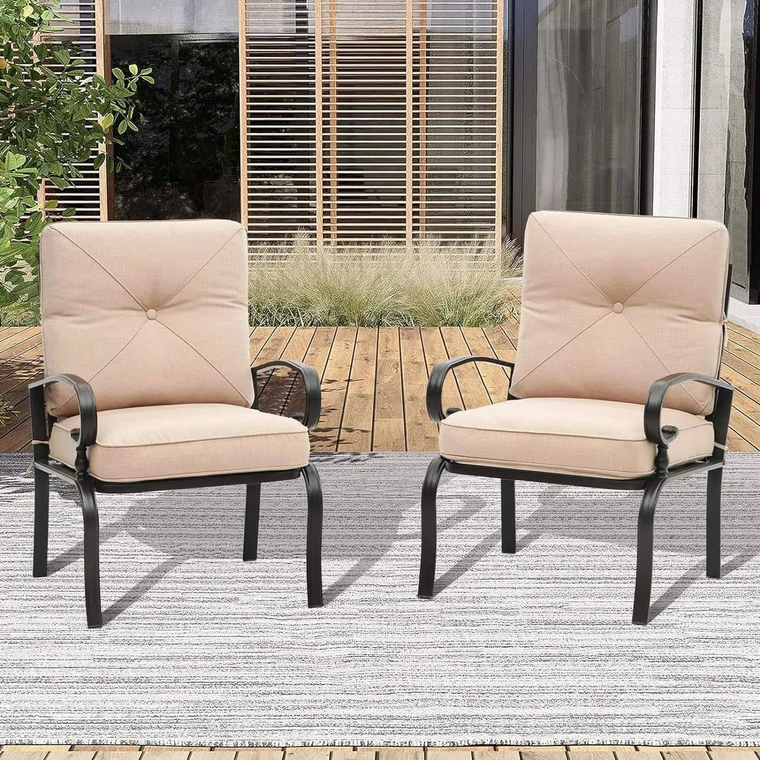 Incbruce Metal Outdoor Dining Chairs Patio Chairs Set of 2, Wrought Iron Chair Steel Frame Restaurant Chair, All-Weather Garden Seating Chair with Arms and Seat Cushions (Brown)