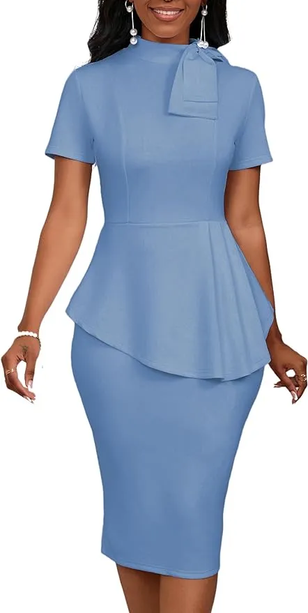 Women's Fashion Peplum Bodycon Short Sleeve Work Dresses Bow Club Ruffle Pencil Formal Cocktail Dress