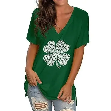 Fantaslook St. Patrick's Day V Neck T Shirts for Women Floral Summer Tops Short Sleeve Shirts Lucky Tunic Tops, Women's, Size: Medium, Green