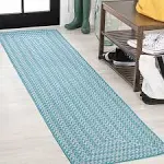 JONATHAN  Y Santa Monica Chevron Concentric Squares 2 X 8 (ft) Aqua/Light Gray Indoor/Outdoor Stripe Farmhouse/Cottage Runner Rug Lowes.com