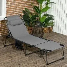 Outsunny Folding Chaise Lounge w/ 5-level Reclining Back, Outdoor Tanning Chair w/ Reading Hole, Outdoor Lounge Chair w/ Side Pocket, Headrest