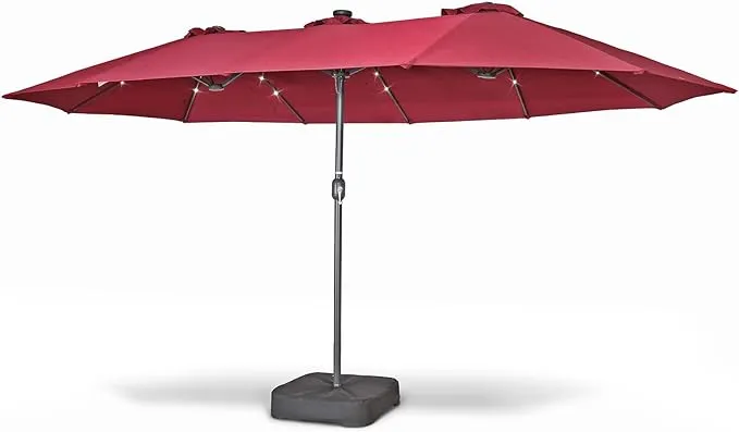 Home Zone Living 15x9 Ft Double Head Patio Umbrella with Base, 36 LED Lights, Sand Bags, UV Resistant & Waterproof, 213 LBS Total Weight