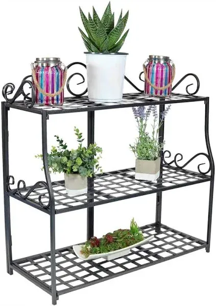 Sunnydaze 3-Tier Metal Iron Plant Stand with Scroll Edging