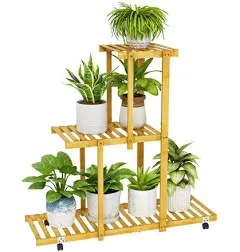 Bamworld Bamboo 3 Tier Plant Stand Indoor, Small Plant Shelf with Wheels for Multiple Plants, Ladder Flower Stand for Window Garden Balcony Home Decor Living Room Bedroom