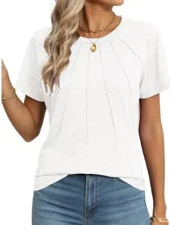 Womens Casual Crew Neck Short Sleeve Pleated Tops Blouses Fashion Clothes TShirt