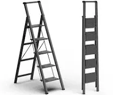 GameGem Lightweight Aluminum 5 Step Ladder Folding Step Stool Stepladders with Anti-Slip and Wide Pedal for Home and Kitchen Use Space Saving (Black)