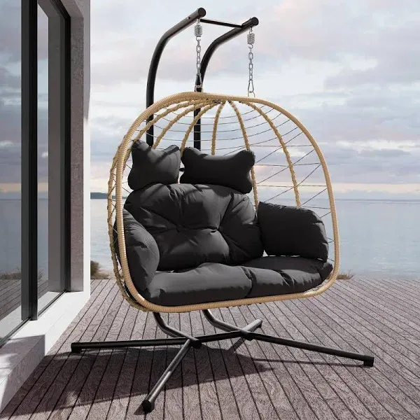 Esmlada Double Indoor/Outdoor Wicker Swing Egg Chair Hammock Foldable Hanging Loveseat with Stand, UV Resistant Removable Cushions, 700lb Capacity