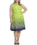 London Times Plus Size Dot-Print Fit & Flare Dress - Navy/Green - Size 14W