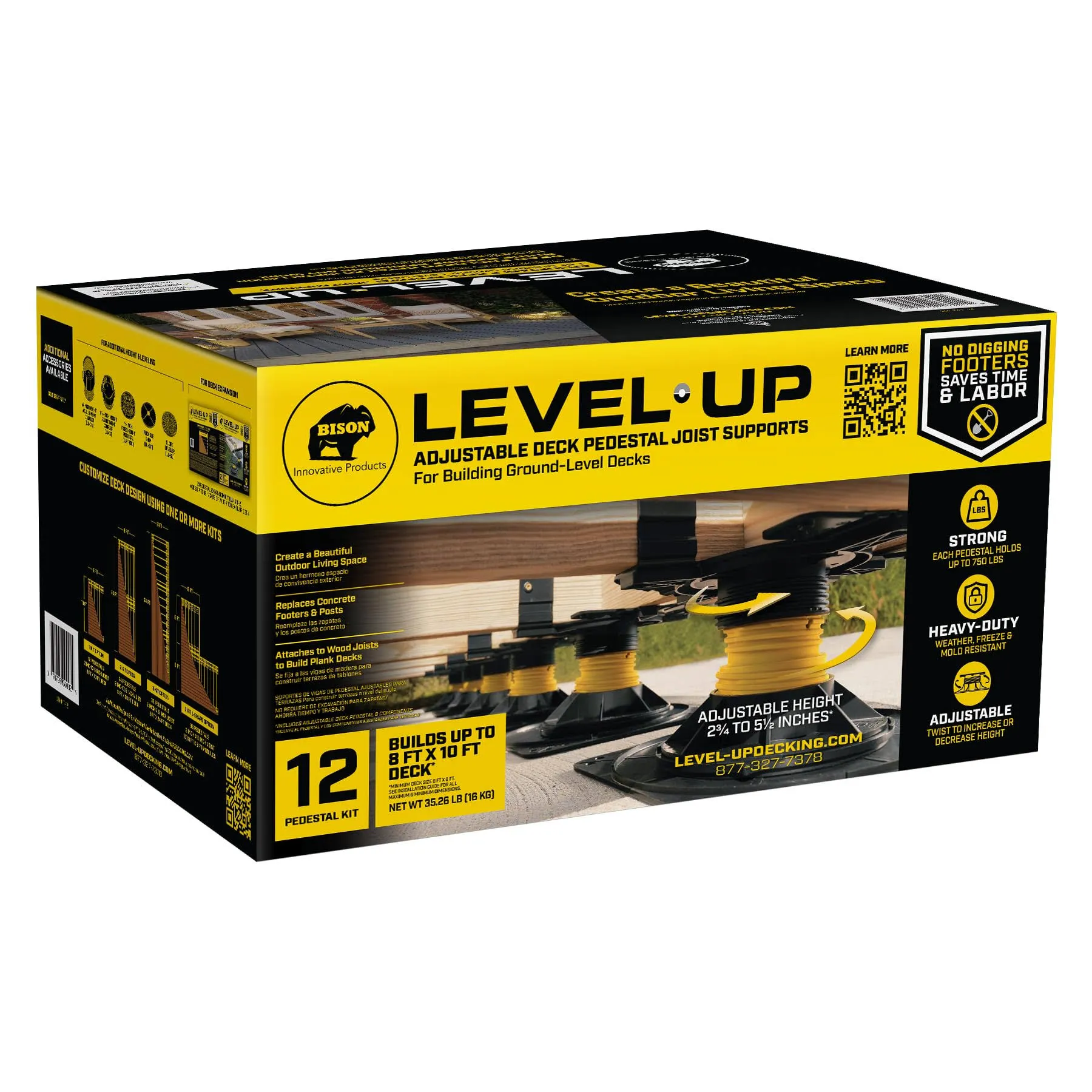 Bison 7079806002 Level.Up System Adjustable Deck Joist Support, 12-Pedestal Kit, Black