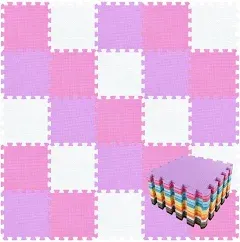 qqpp EVA Rubber 18 Tiles Interlocking Puzzle Foam Floor Mats - Baby Play Mat for Playing | Exercise Mat for Home Workout. White, Pink, Purple.