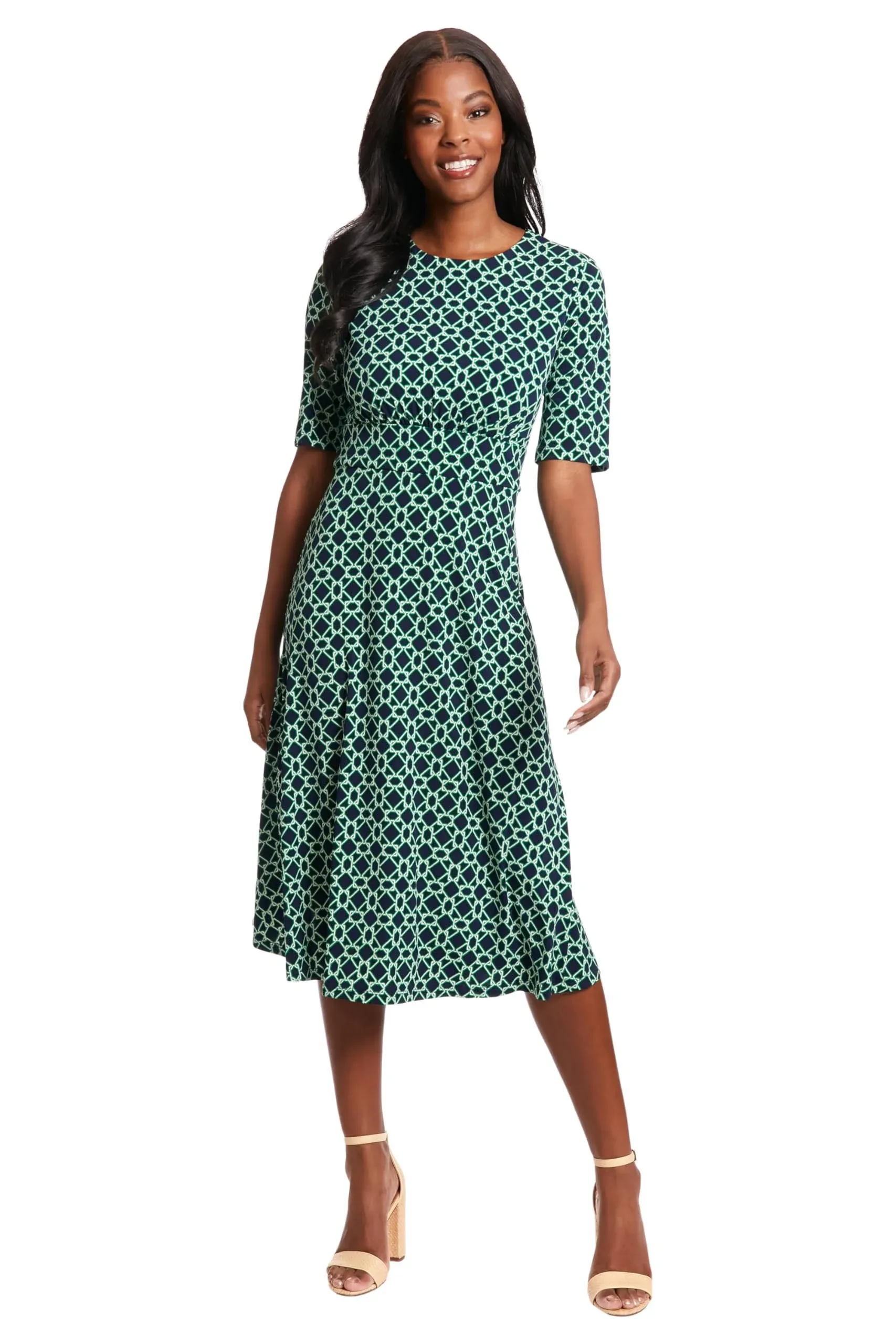 London Times Elbow Sleeve Midi Dress, Size 16W, Navy/Green