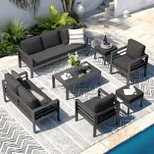 AECOJOY Aluminum Patio Furniture Set, Modern Outdoor Patio Furniture with Coffee Table, 7 Pieces Outdoor Conversation Set with Navy Blue Cushions for Balcony, Porch, Lawn and More