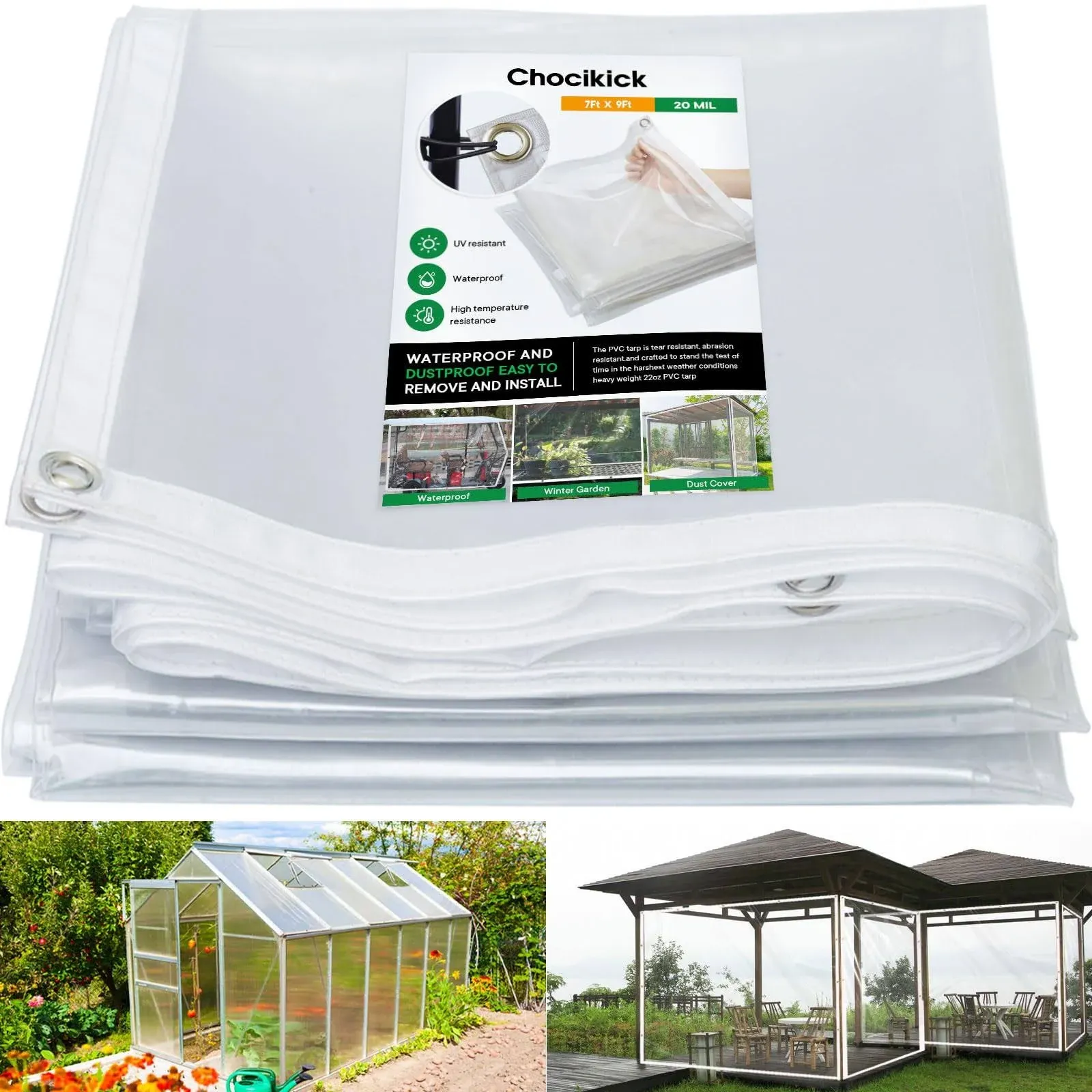 Clear Tarp Heavy Duty Waterproof 7 x 9FT, 20 Mil Clear Tarps with Grommets, Heavy Duty Clear Vinyl Tarp for Patio Pergola Garden Canopy Rainproof Wind-Proof Anti-Tear (7 x 9 FT)