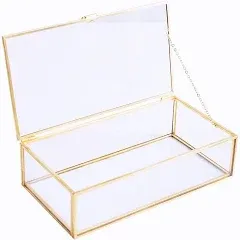 Golden Glass Jewelry Keepsake Box Vintage Glass Jewelry Organizer, Brass Large Clear Rectangle Box, Decorative Boxes, 8"x4.5"x2"