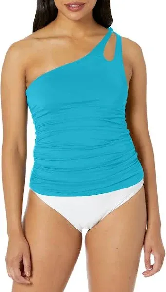 La Blanca Island Goddess Ruched One-Shoulder Tankini Top Guava