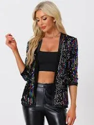 Allegra K Women's Sequin Cardigan Open Front Collarless 3/4 Sleeve Velvet Jacket