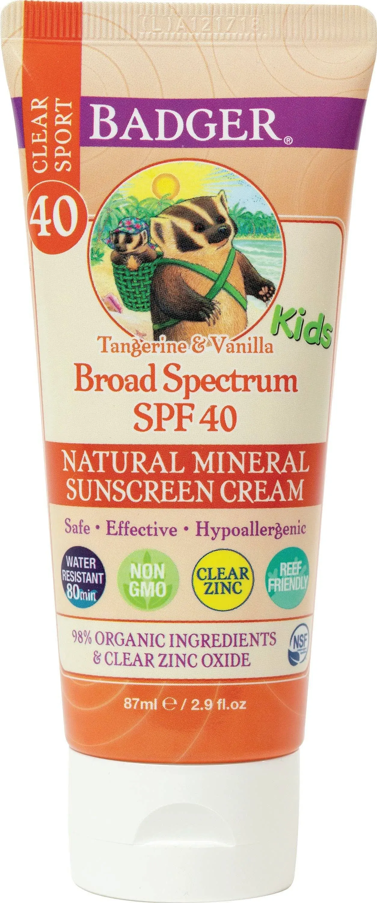 Badger Kids Mineral Sunscreen Cream, Tangerine & Vanilla, Broad Spectrum SPF 40 - 87 ml