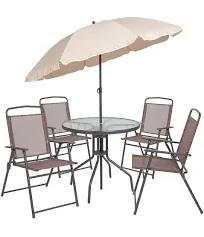 Flash Furniture Nantucket 6-Piece Patio Garden Table Set with Umbrella and 4 Folding Chairs