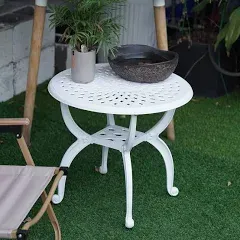 C/G Outdoor Side Tables,Cast Aluminum Patio End Tables,Anti-Rust Coffee Table for Garden Patio Lawn (Round-end Tables, White)