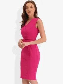 Allegra K Women's Sleeveless V Neck Business Office Belt Pencil Dress