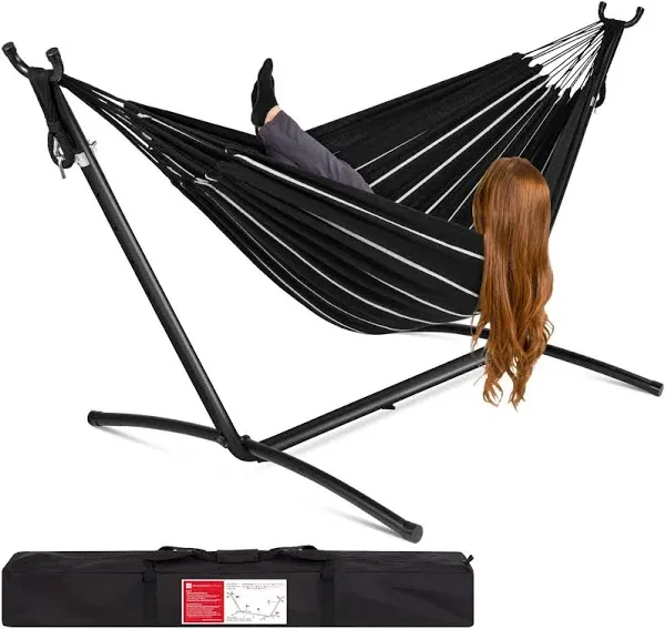 Portable Red Double Hammock Space Saving Steel Stand Patio Carrying Case