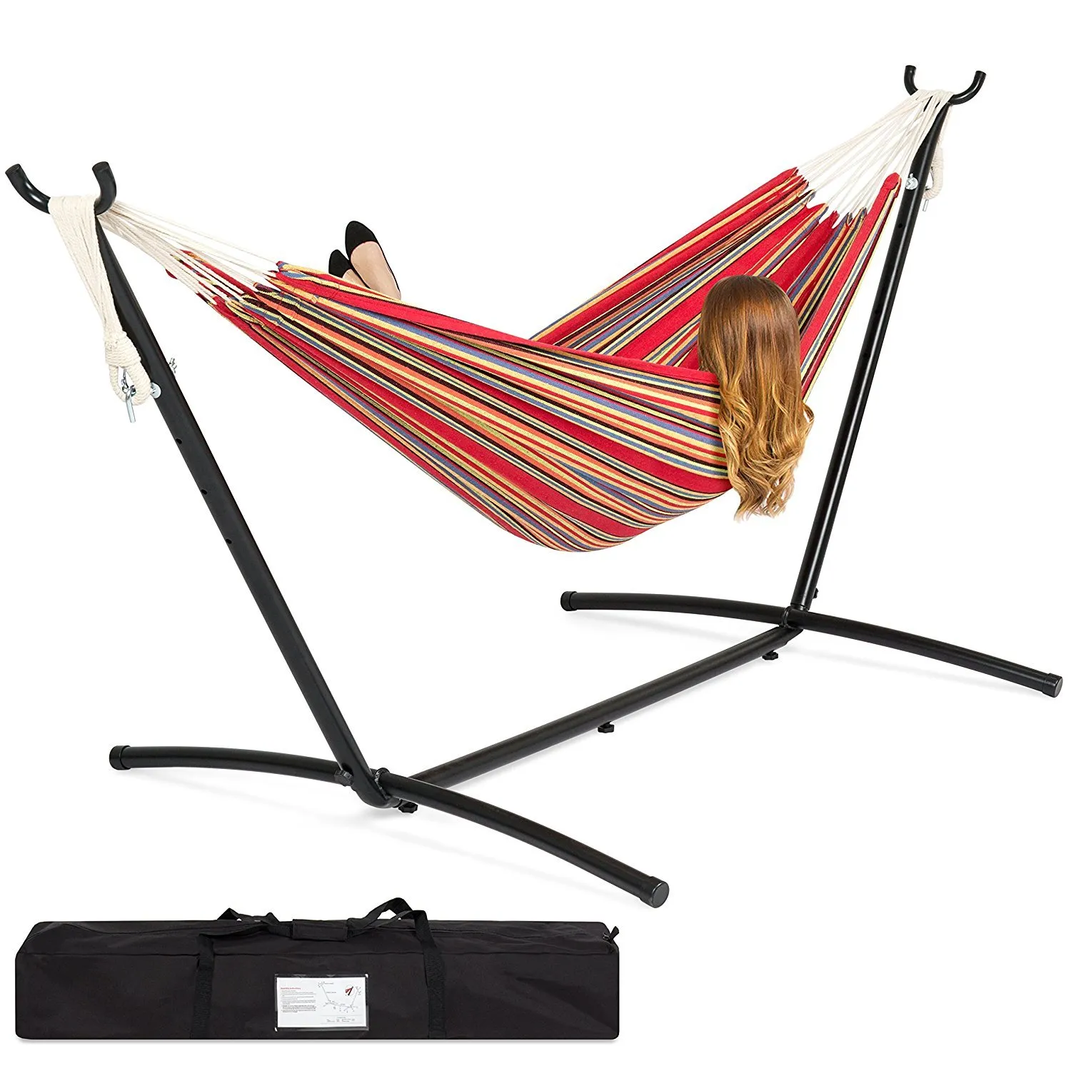 Best Choice Products 2-Person Brazilian-Style Cotton Double Hammock with Stand Set w/ Carrying Bag