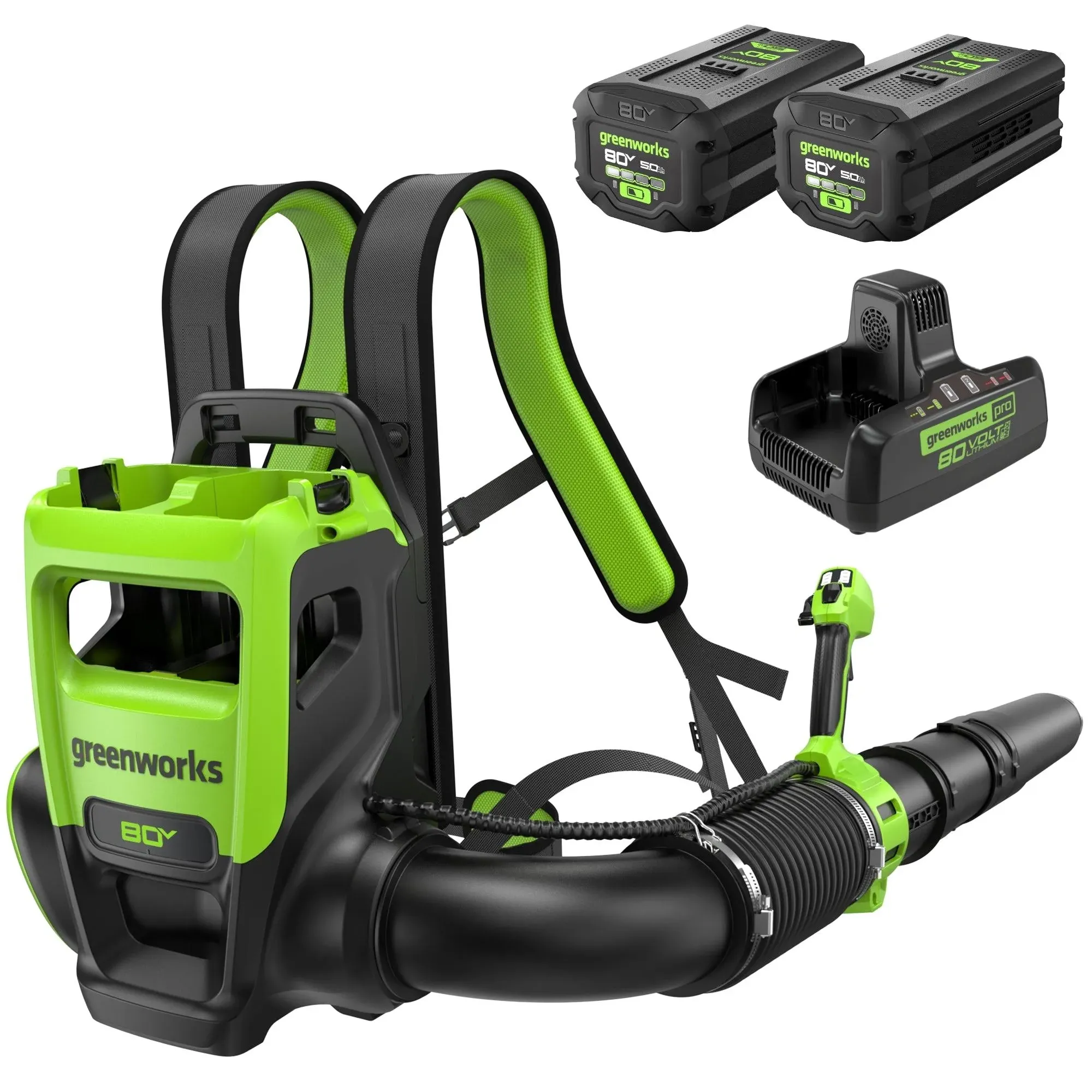 Greenworks 80V (800 CFM) Dual Port Backpack Blower with (2) 5.0 Ah Batteries, Dual Port Rapid Charger