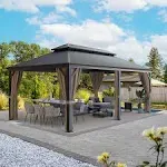 Greesum 12'x20' Hardtop Metal Gazebo, Outdoor Galvanized Steel Double Roof Canopy, Aluminum Frame Permanent Pavilion with Netting and Curtains for Backyard, Patio, Deck, Parties