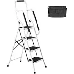 Usinso 4 Step Ladder Tool Ladder Folding Portable Steel Frame Max 500 lbs Non-Slip Side Armrests Large Area Pedals Detachable Toolbag Suitable for