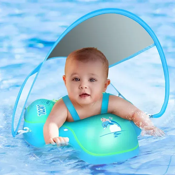 Laycol Baby Swimming Float Inflatable Baby Pool Float Ring Newest with Sun Protection Canopy,add Tail no flip Over for Age of 3-36 Months Blue Small