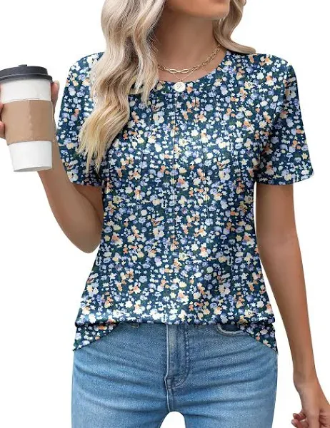 Rosvigor Blouses for Women Short Sleeve Shirts Casual Dressy Summer Tops with Pleats