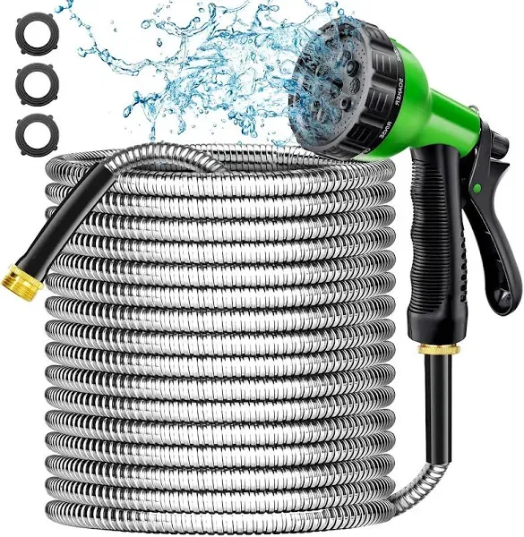 Metal Garden Hose 100 Ft, Stainless Steel Water Hose with 10 Function Nozzle, 