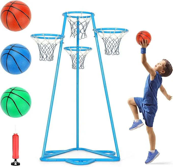 Raylinyee Kids Basketball Hoop Portable Basketball Stand Toys Basketball Indoor Outdoor, Portable Basketball with 4 Hoops at Varying Heights and 3