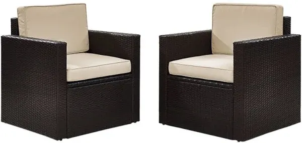 Crosley Furniture Palm Harbor 2-Piece Outdoor Chair Set, Wicker Patio Chairs for Conversation, Porch, Deck, Brown with Sand Cushions