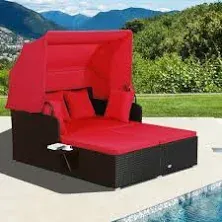 Patio Rattan Daybed with Retractable Canopy and Side Tables-Red | Costway